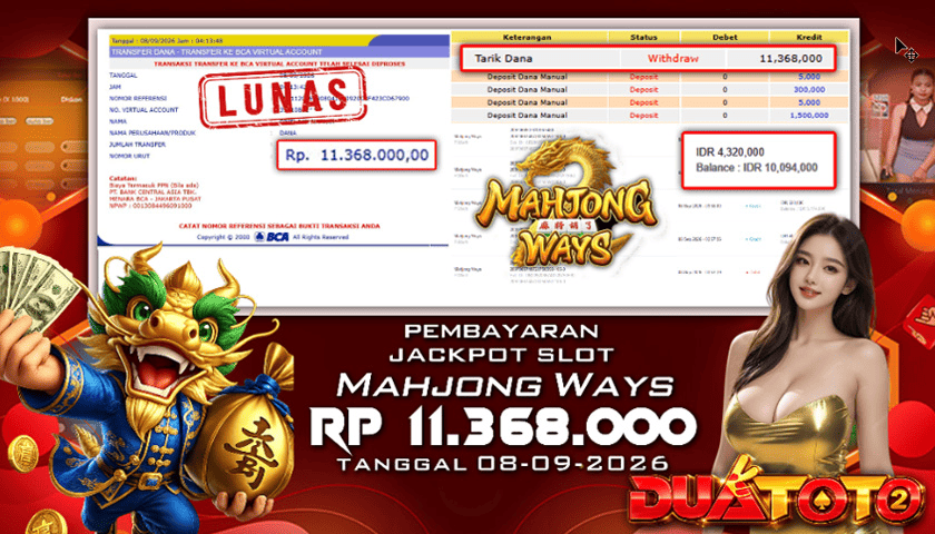 BUKTI PEMBAYARAN JACKPOT SLOT MAHJONG WAYS 08-09-2026