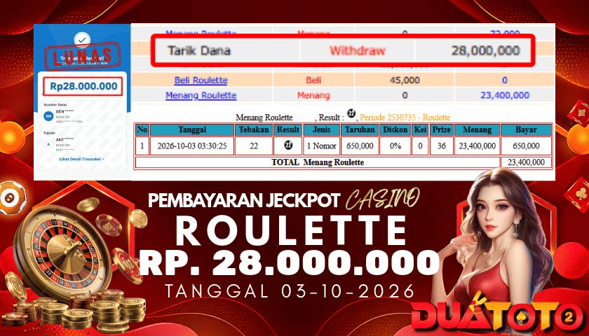 BUKTI PEMBAYARAN JACKPOT CASINO ROULETTE  03-10-2026